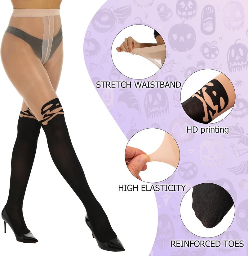 MANZI Women's Halloween Patterned Tights with Designs Skeleton Print Stockings Black and White Checkered Striped Pantyhose - Image 2